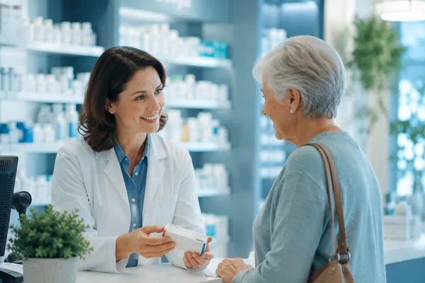 A pharmacist handing a box of medication to a customer at the counter.